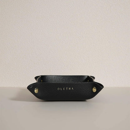 OLETHA Small Foldable Valet Tray, Travel Essentials for Women, Portable Catchall Organizer for Jewelry & Keys, for Hotel Nightstands, Home Office & Desk, Aesthetic Faux Leather, Light Taupe