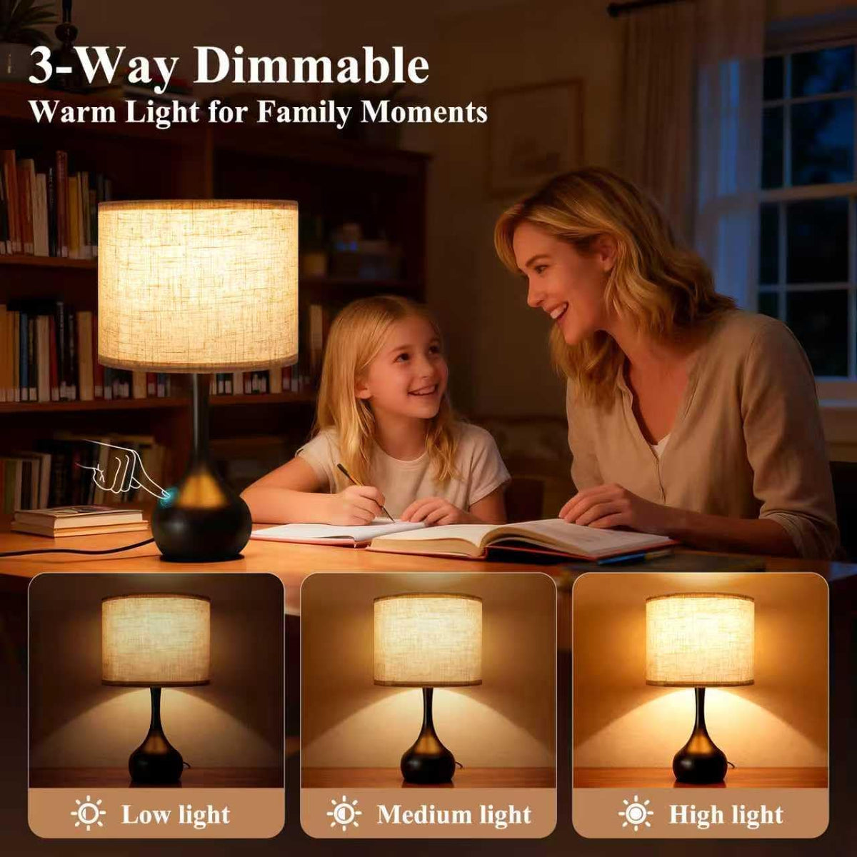 ONEWISH Touch Bedside Lamp for Bedroom, 3-Way Dimmable Farmhouse Table Lamps for Nightstand with Fabric Shade, Desk Lamp for Kids Reading, Home Office