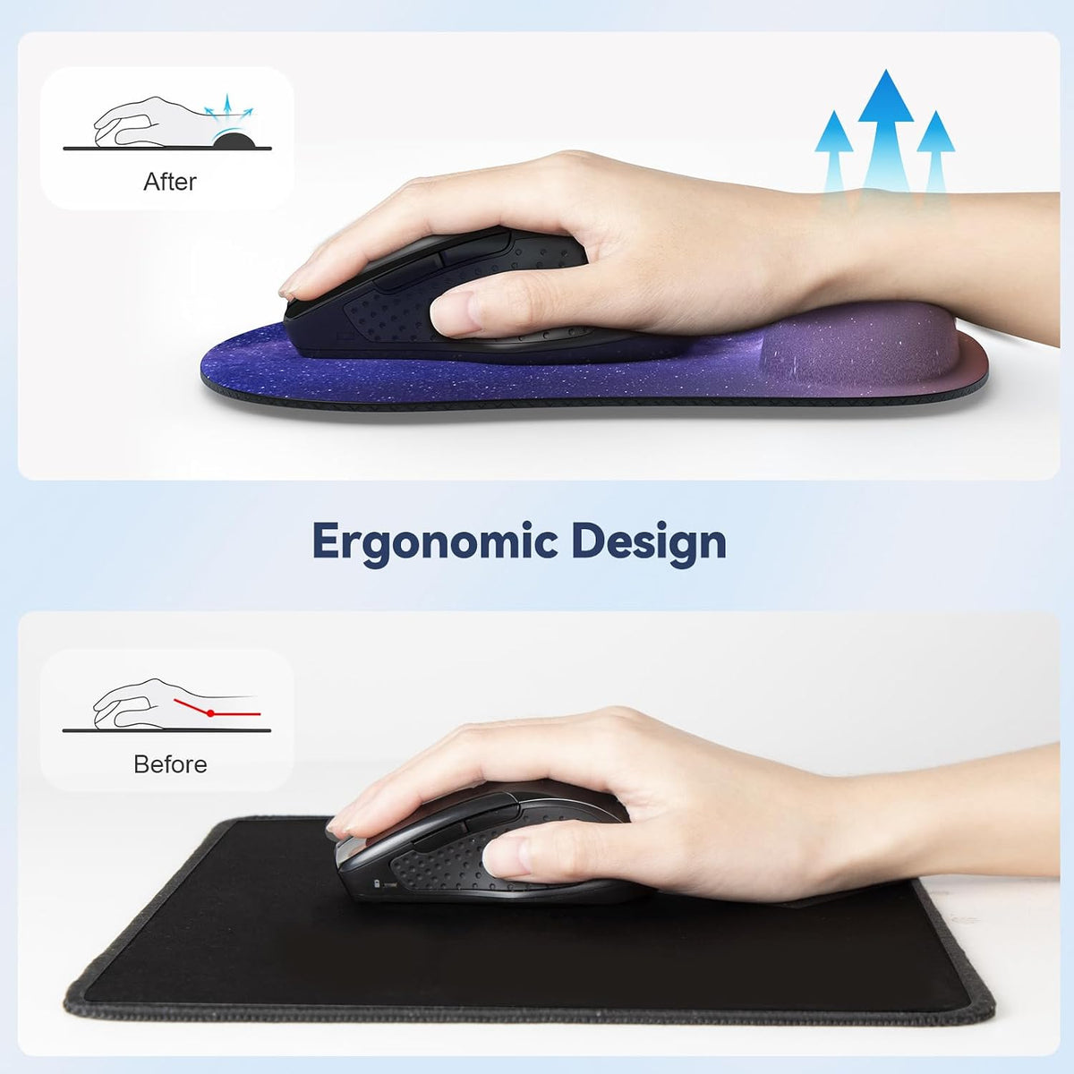 TECKNET Mouse Pad with Wrist Support, Ergonomic Gaming Mouse Pad Pain Relief, Portable Comfortable Mousepad for Computer, Laptop, Office, Home Non-Slip Base, Waterproof Surface - Black