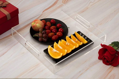 KEVLANG Glossy White Sturdy Acrylic Serving Tray with Handles-12x20 Inch-Serving Coffee Appetizer Breakfast-Kitchen Countertop Makeup Drawer Organizer-Vanity Table Ottoman Decorative Tray