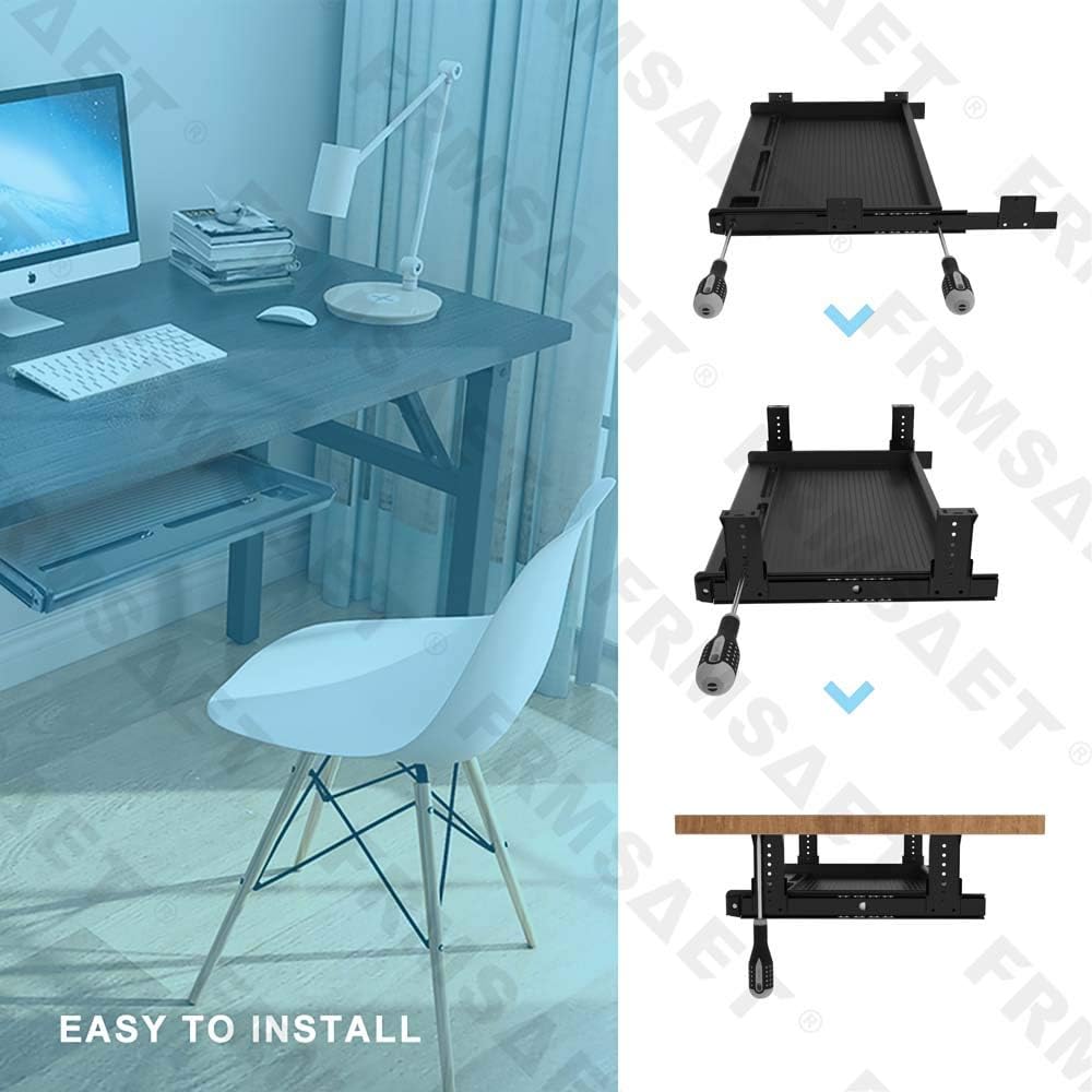FRMSAET Office Furniture Accessories Keyboard Drawer Under Desk Multipurpose Tray with Adjustable Height Bracket-for Organize Keyboard,Tool,Pencil,Eraser (Large,Black)