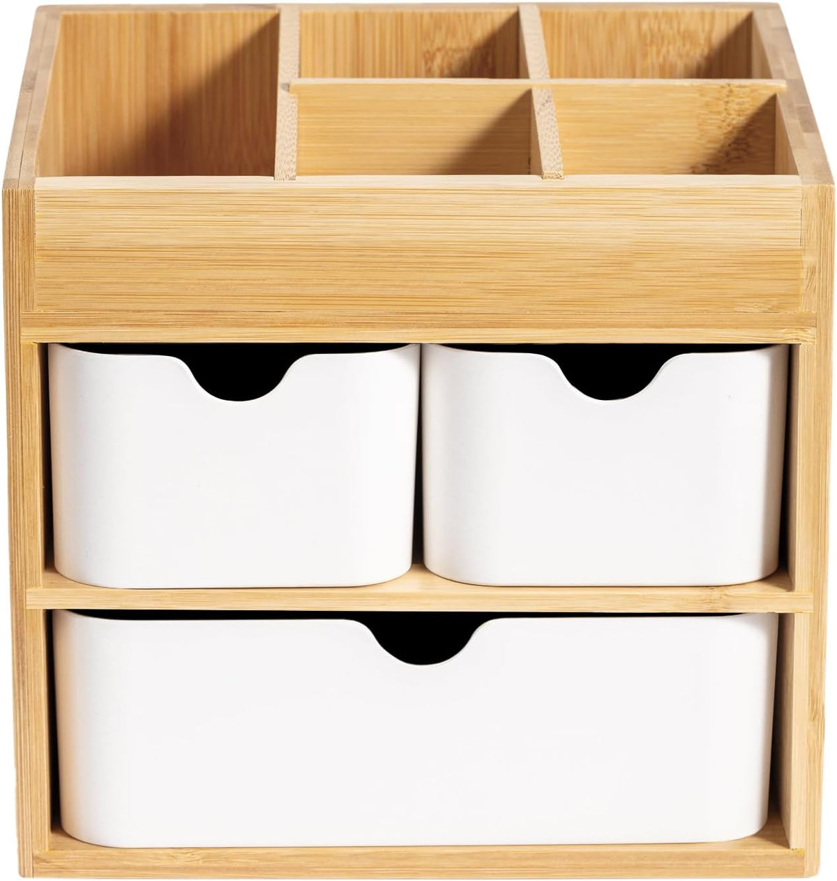 Bamboo Vanity Organizers with 3 Drawer, Mini Desk Organizer for Home, 3-tier Study/Office Organizer Rack, Adjustable 5 Compartment Makeup Display Case, Dresser Storage for Lipstick, Jewelry, Nail Care