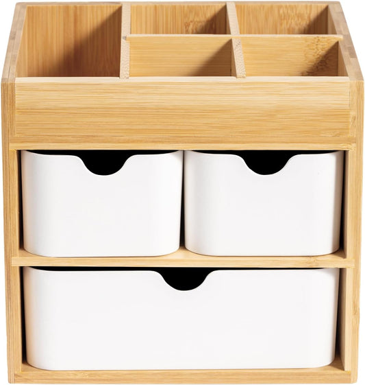 Bamboo Vanity Organizers with 3 Drawer, Mini Desk Organizer for Home, 3-tier Study/Office Organizer Rack, Adjustable 5 Compartment Makeup Display Case, Dresser Storage for Lipstick, Jewelry, Nail Care