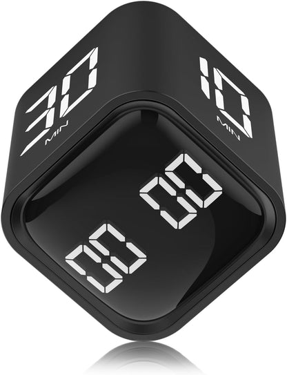 Rotating Cube Timer - 1/5/10/30/60min Presets, Gravity Sensor Pomodoro Stopwatch, 3 Sound Modes, ADHD Study Tool for Office/Kitchen/Classroom (F6 Black)