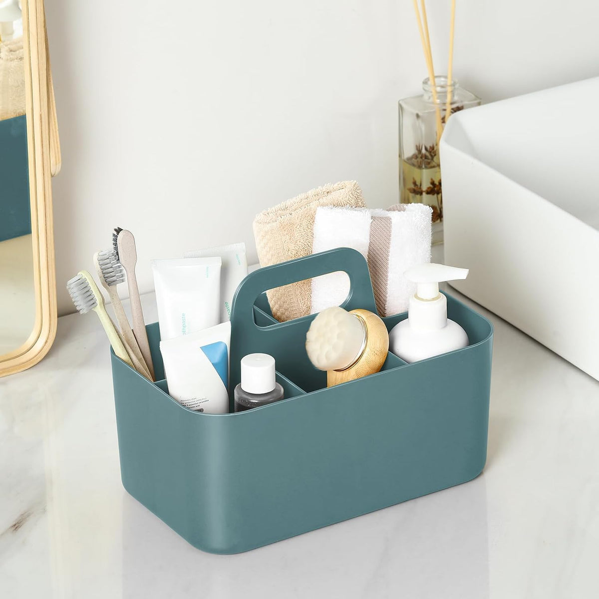 Multiuse Caddy Organizer with Handle, Portable Divided Plastic Tote Bin - Art Craft, Stationary Pen Marker Crayons, Makeup Hair Supplies Storage - Bathroom, Classroom, Dorm, Office, Desk Holder -Black