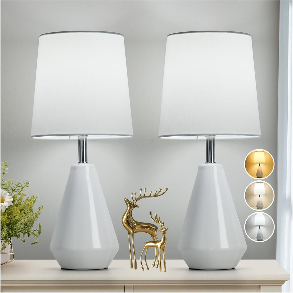 Small Bedside Table Lamp for Bedroom - Reading Desk Lamp with 3 Color Temperatures，15.5" Nightstand Ceramic Lamp with Fabric Shade for Kids Room,Living Room,Dorm,Home Office (Green)