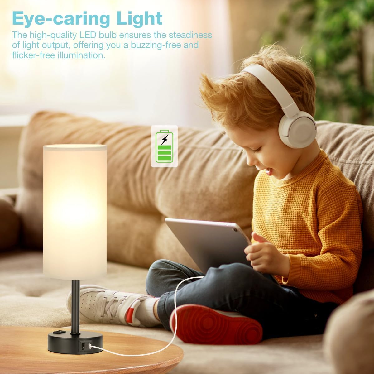 Fenmzee Bedside Table Lamp for Bedroom - Dimmable Touch, USB A+C, AC Outlet