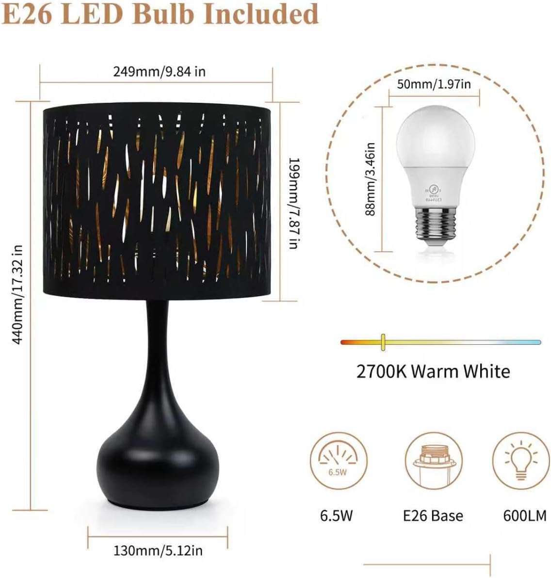 ONEWISH Touch Bedside Lamp for Bedroom, 3-Way Dimmable Farmhouse Table Lamps for Nightstand with Fabric Shade, Desk Lamp for Kids Reading, Home Office