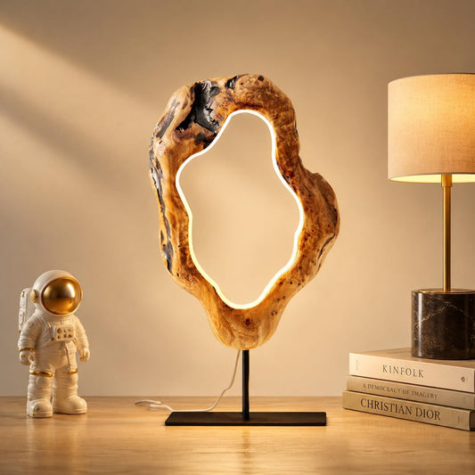 LAPTAIN LED Wood Table Lamp, Irregular Bedside Lamp with Dimmable, Creative Home Decor Table Lamp, Bedside Night Light for Bedroom, Living Room, Large