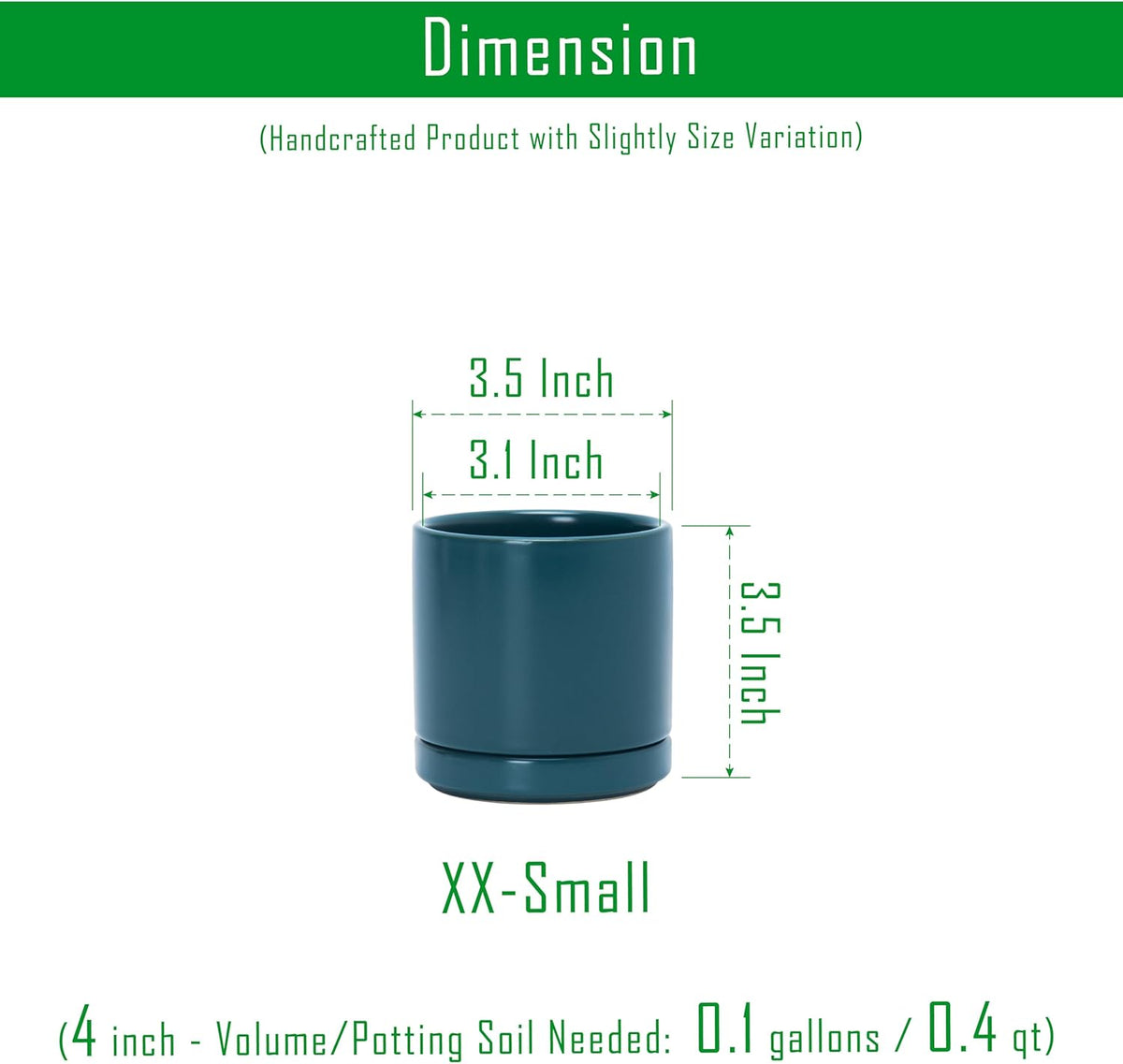 D'vine Dev 4.7 Inch Ceramic Planter Pot with Drainage Hole and Saucer, Indoor Cylinder Round Planter Pot, Teal, 94-O-B-9