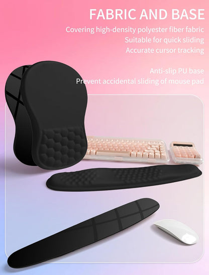 2in1 Combination, Wave Keyboard Wrist Rest and Ergonomic Curvature Mouse Pad Wrist Support for Relieve Wrist Pain, Filled with Soft Cushion Memory Foam, Black