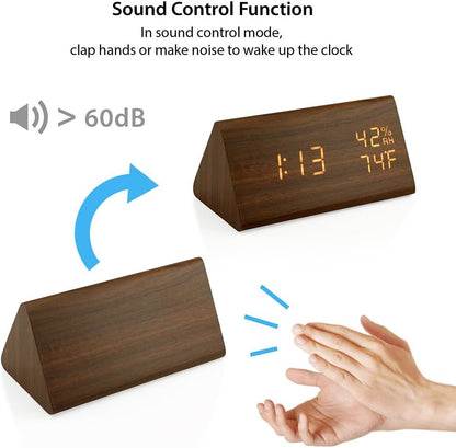 OCT17 Wooden Alarm Clock, Smart LED Digital Clock for Bedroom/desks, Upgraded with Time Temperature, Adjustable Brightness and Voice Control, Humidity Displaying - Black