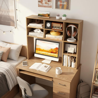 Desktop Bookshelf, Countertop Storage Hutch with 5 Shelves for Computer Desk, Desk 3-Tier Display Rack, Multipurpose Wood Desktop Hutch Storage Organizer for Dorm Office Home