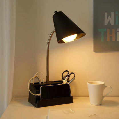 15" Organizer Desk Lamp Black - USB Port & AC Outlet, 4 Compartment Storage Base | Phone/Tablet Holder, Flexible Gooseneck | No Assembly, Matte Finish | Desk/Nightstand | Home Office/Dorm Essential
