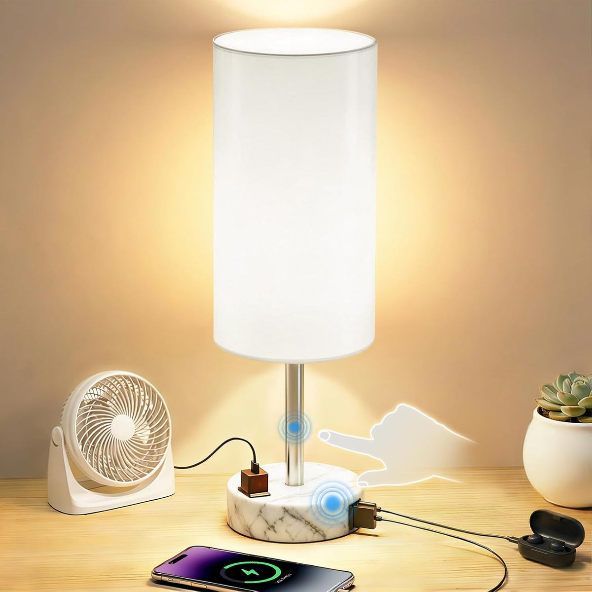 Table Lamp for Nightstand, High-Sensitivity Touch, 3-Level Dimmable Bedside Lamp with AC Outlet | USB | and USB-C, Ideal Night Stand Lamp for Bedroom, Reading, Living Room(Warm&Wooden)