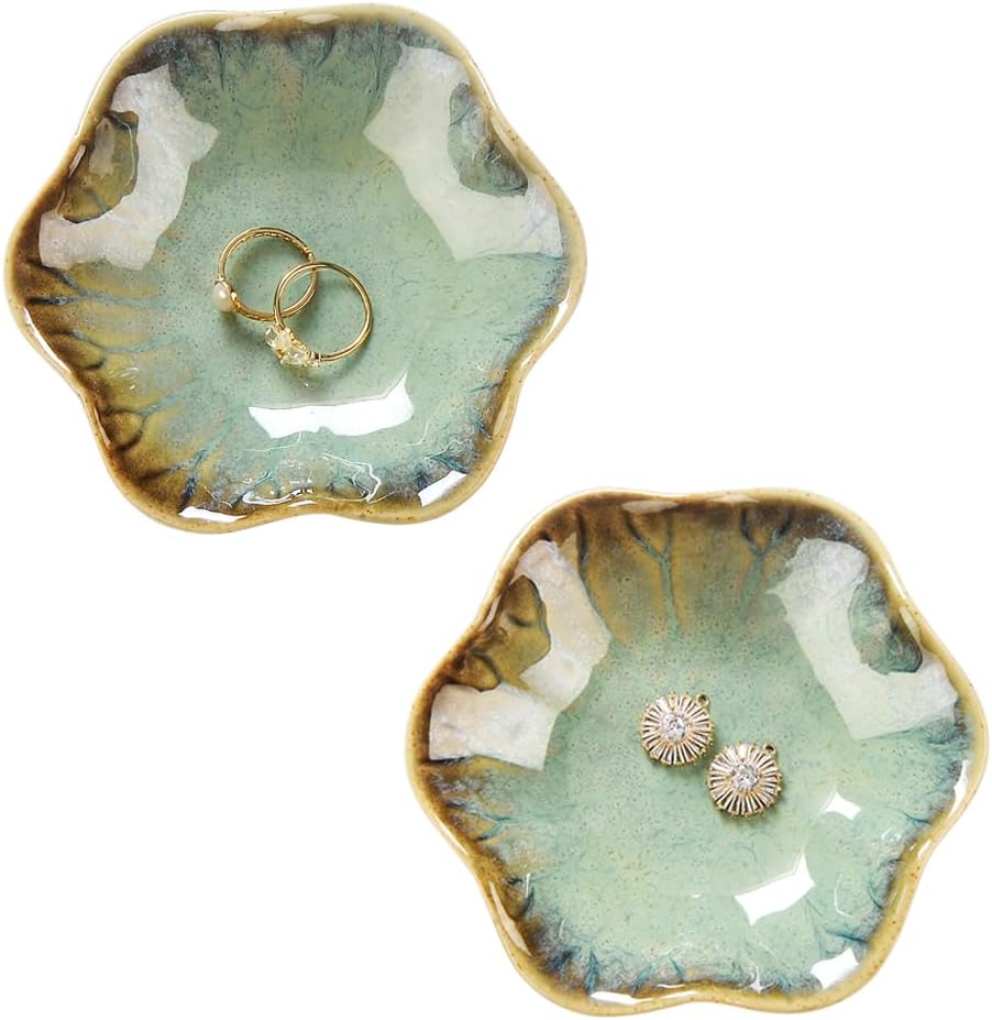 Ring Dish, Kiln Glaze Jewelry Trinket Tray, Gifts for Women I Lotus Leaf Necklace Earrings Holder on Nightstand Bathroom, Ceramic Cute Key Bowl, White. All Jewelries Are NOT Included.