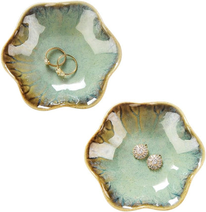 Ring Dish, Kiln Glaze Jewelry Trinket Tray, Gifts for Women I Lotus Leaf Necklace Earrings Holder on Nightstand Bathroom, Ceramic Cute Key Bowl, White. All Jewelries Are NOT Included.