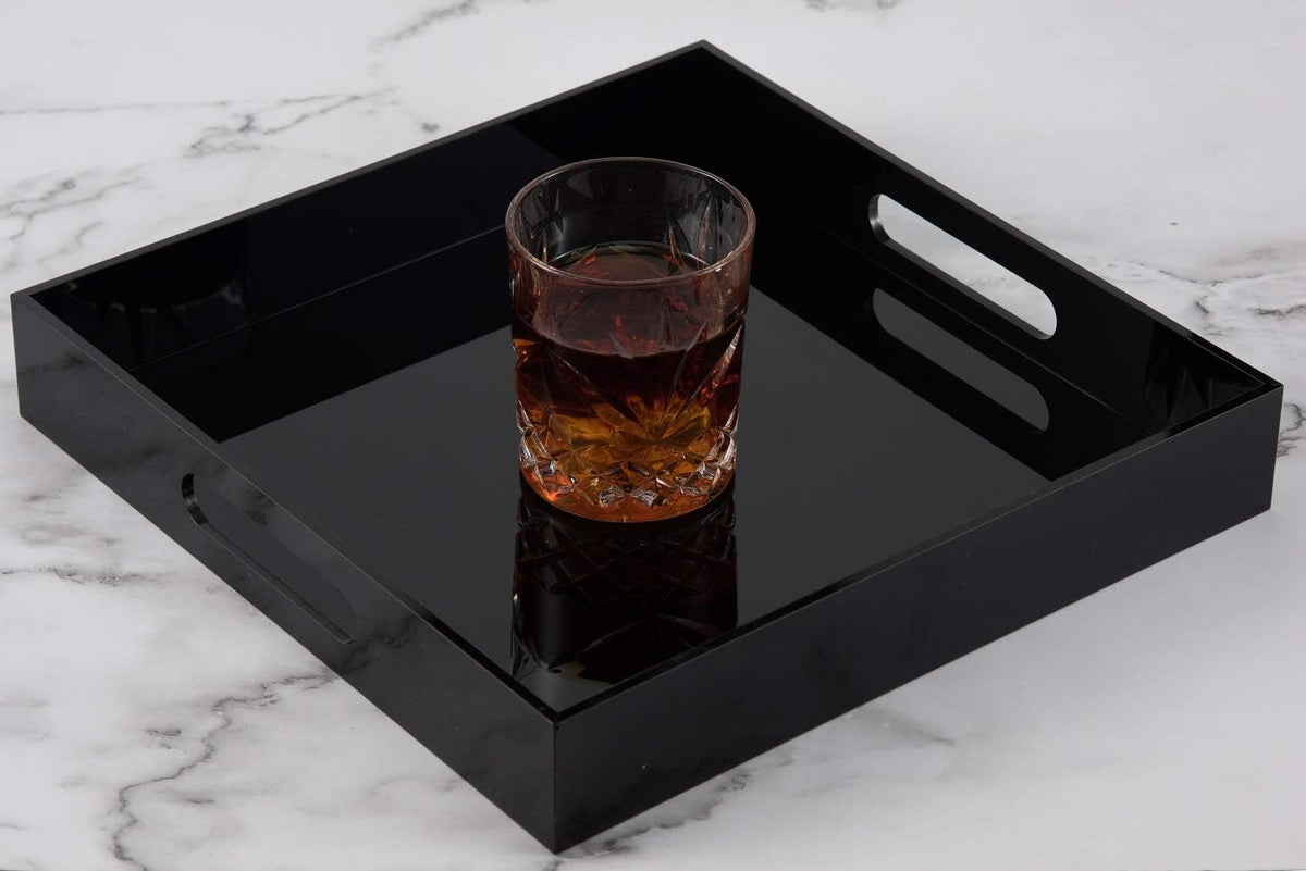 KEVLANG Glossy White Sturdy Acrylic Serving Tray with Handles-12x20 Inch-Serving Coffee Appetizer Breakfast-Kitchen Countertop Makeup Drawer Organizer-Vanity Table Ottoman Decorative Tray