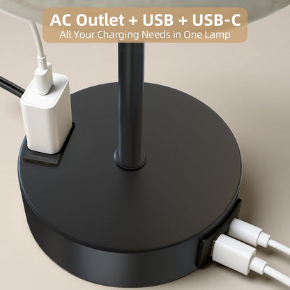 Table Lamp for Nightstand, High-Sensitivity Touch, 3-Level Dimmable Bedside Lamp with AC Outlet | USB | and USB-C, Ideal Night Stand Lamp for Bedroom, Reading, Living Room(Warm&Wooden)