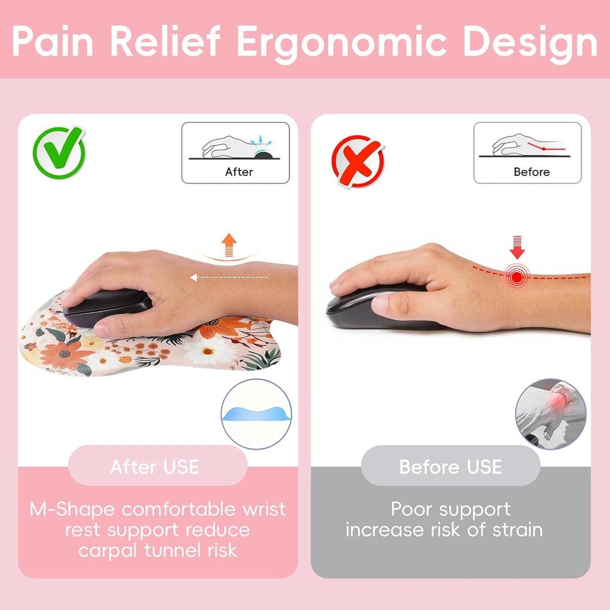 Wrist Support Mouse Pad Anti Slip Rubber Wrist Rest Mousepad 9in X 8in Small Desktop Notebook Mouse Mat for Working and Gaming (M-Pink Floral)