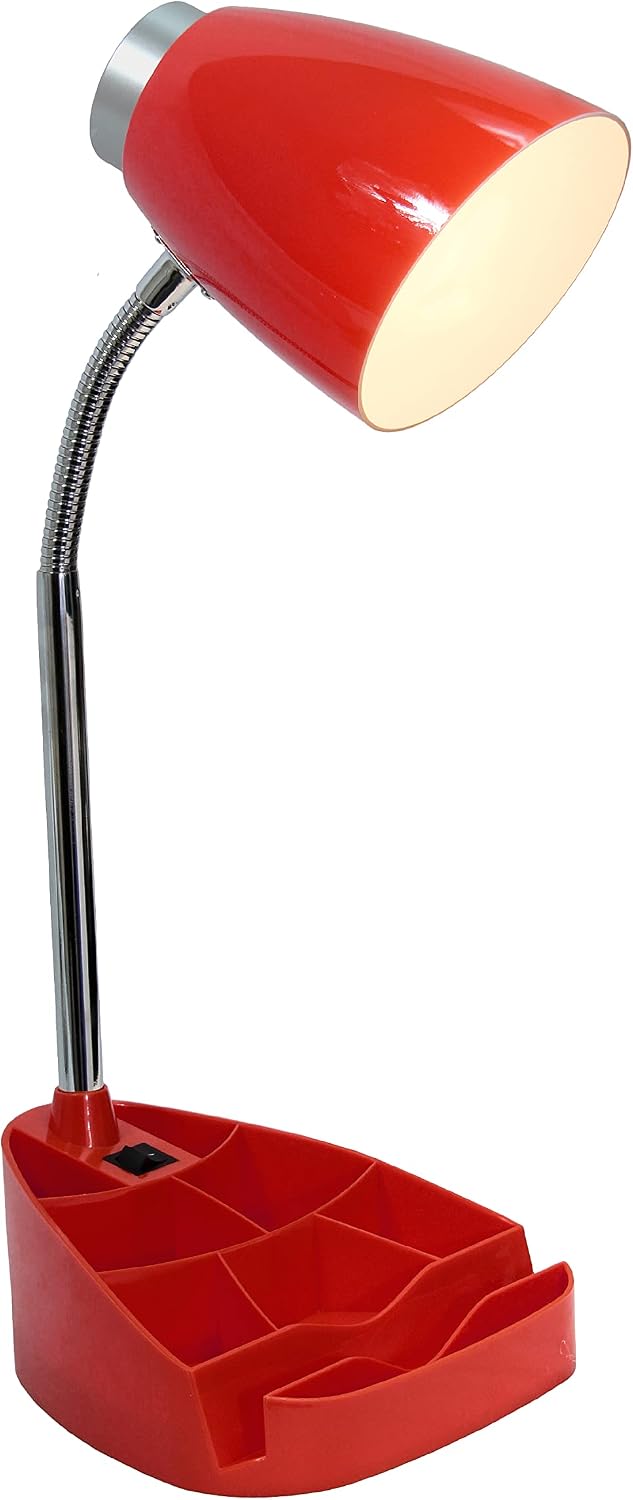 Simple Designs LD1002-RED Gooseneck Organizer Desk Lamp with iPad Tablet Stand Book Holder, Red