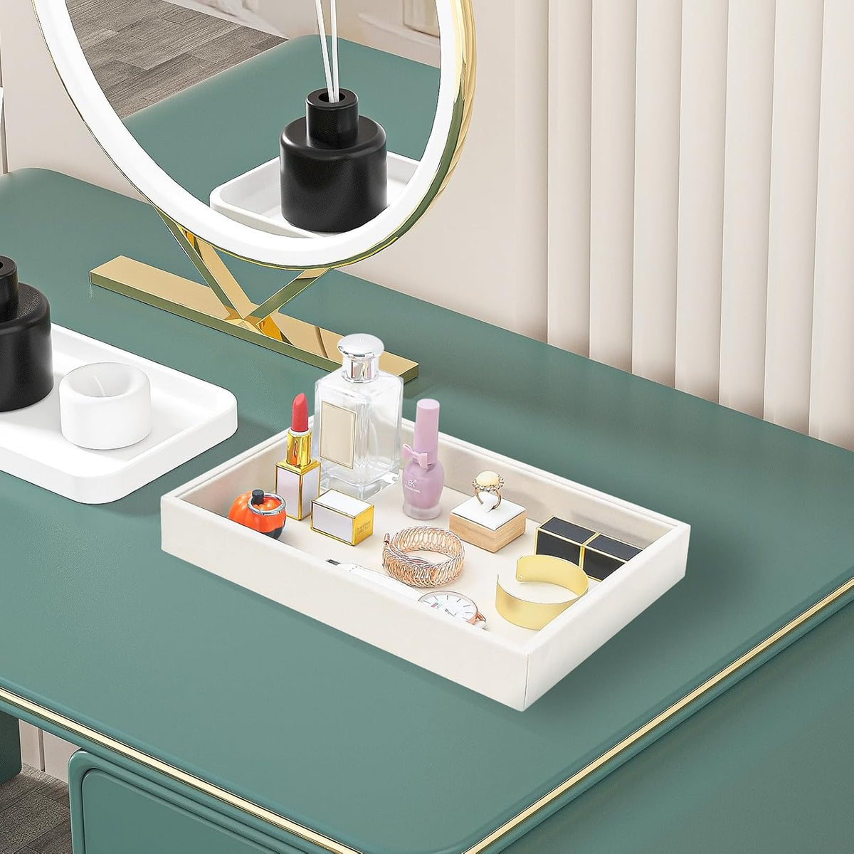 Bedside Organizer - Multi-use Nightstand & Desk-top Catchall Tray for Jewelry, Sunglasses, Phone, Watch, Perfume, Lipstick (Beige 3Grid)