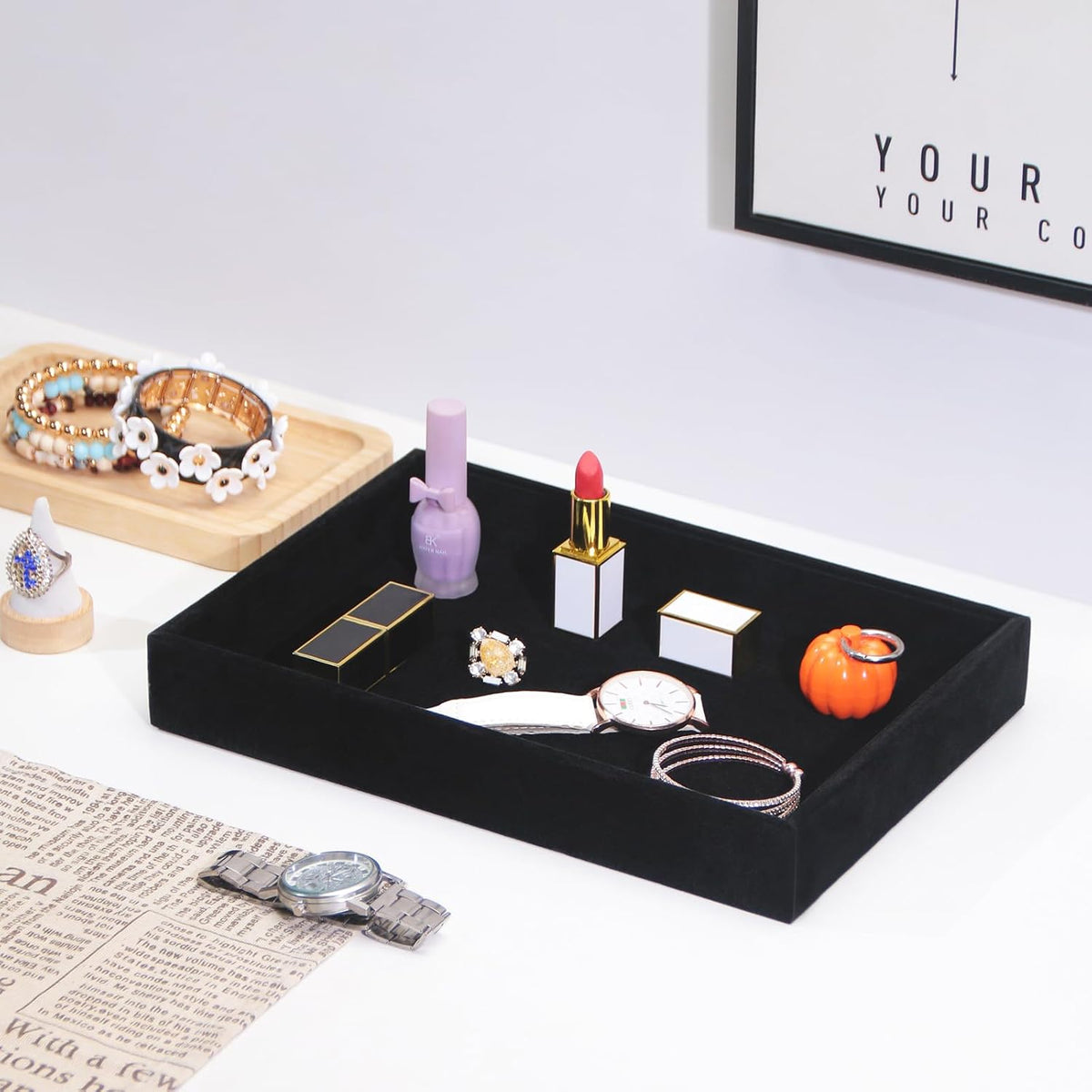 Bedside Organizer - Multi-use Nightstand & Desk-top Catchall Tray for Jewelry, Sunglasses, Phone, Watch, Perfume, Lipstick (Beige 3Grid)