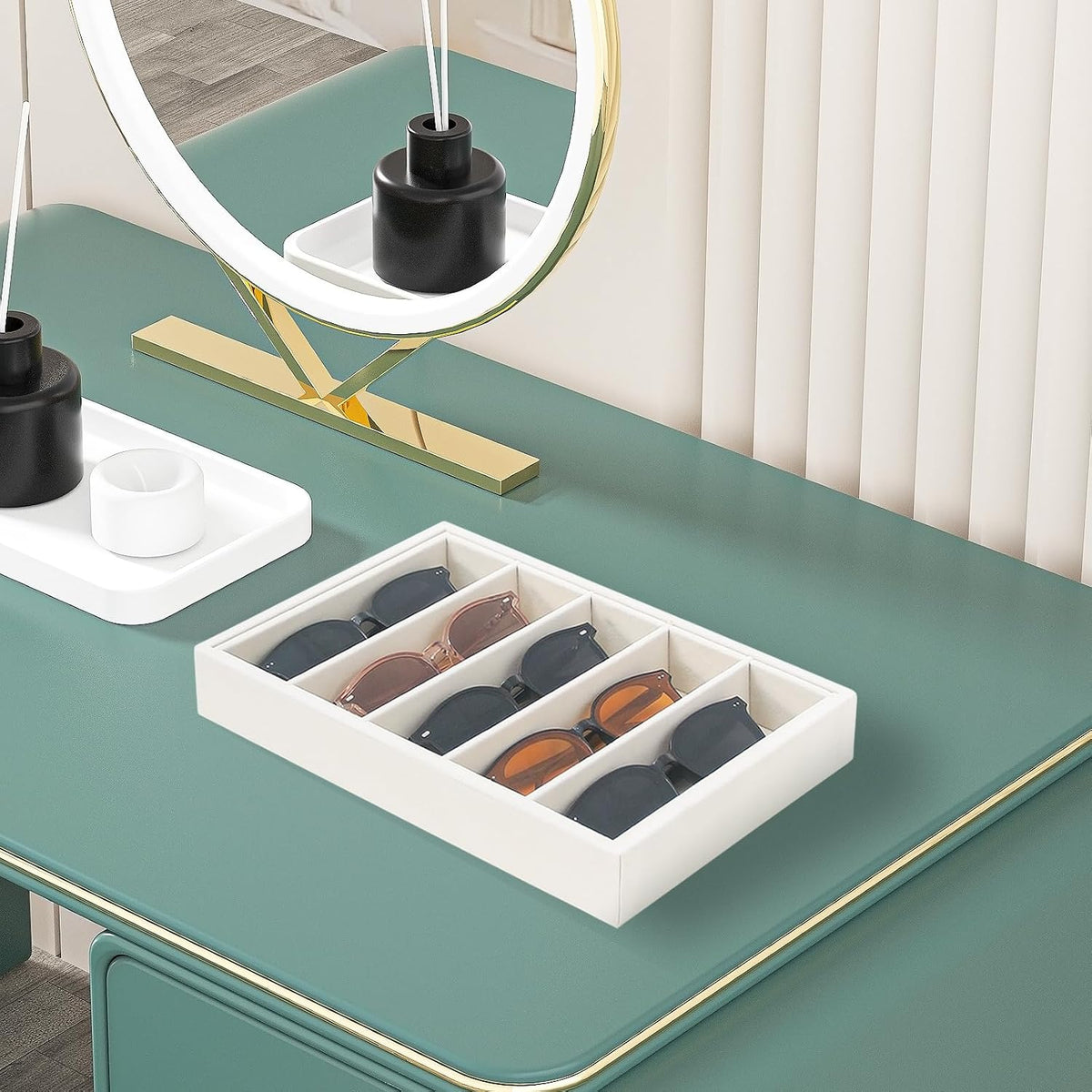 Bedside Organizer - Multi-use Nightstand & Desk-top Catchall Tray for Jewelry, Sunglasses, Phone, Watch, Perfume, Lipstick (Beige 3Grid)