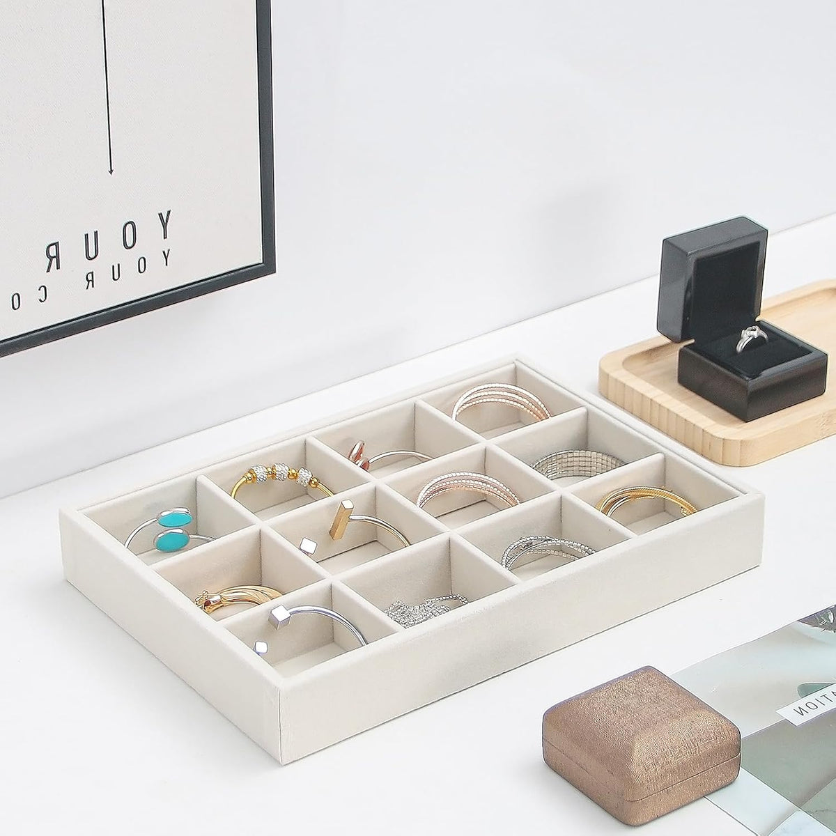 Bedside Organizer - Multi-use Nightstand & Desk-top Catchall Tray for Jewelry, Sunglasses, Phone, Watch, Perfume, Lipstick (Beige 3Grid)