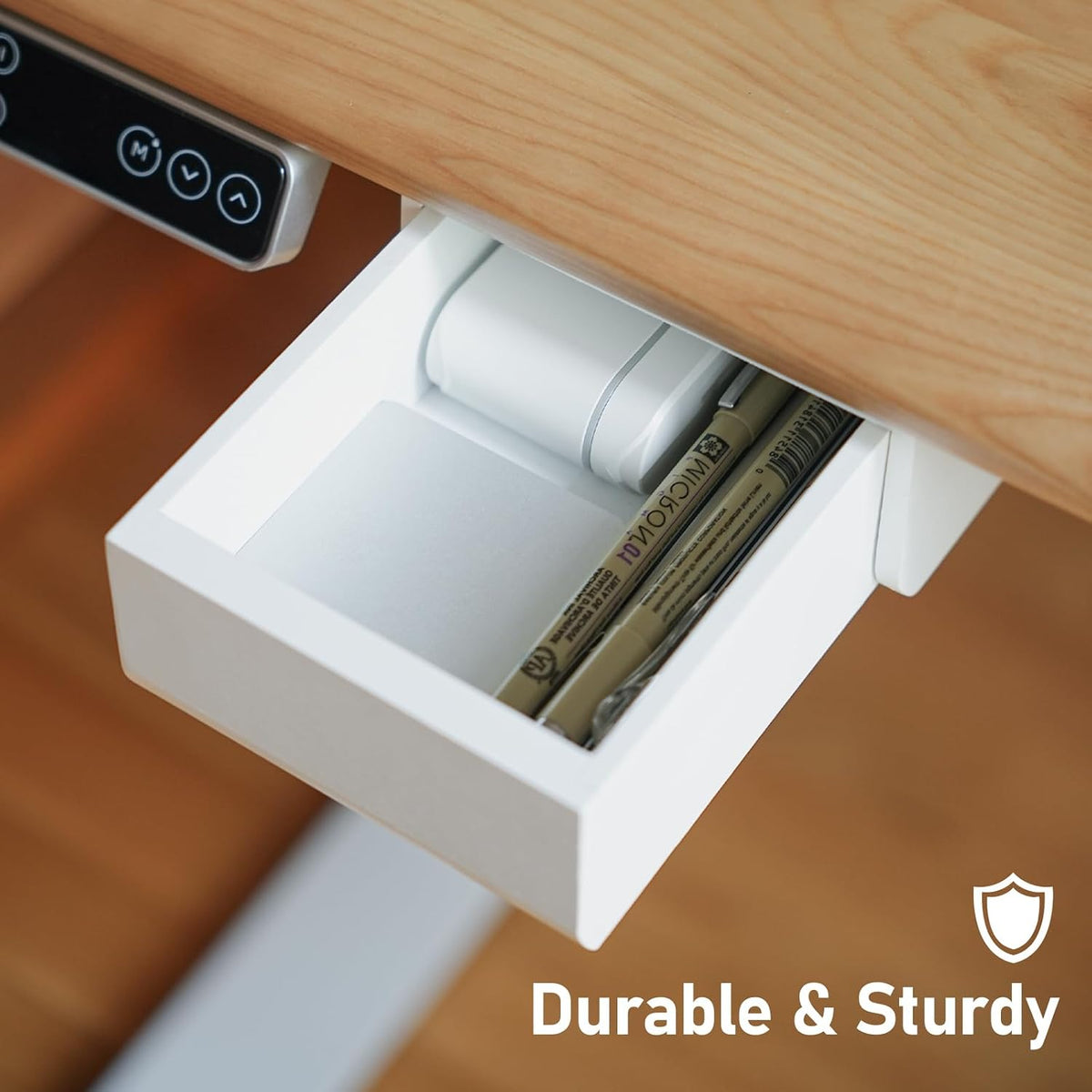 Bamboo Under Desk Drawer, Self-Adhesive Slide Out Under Desk Organizer and Storage Including Mounting Hardware (White)