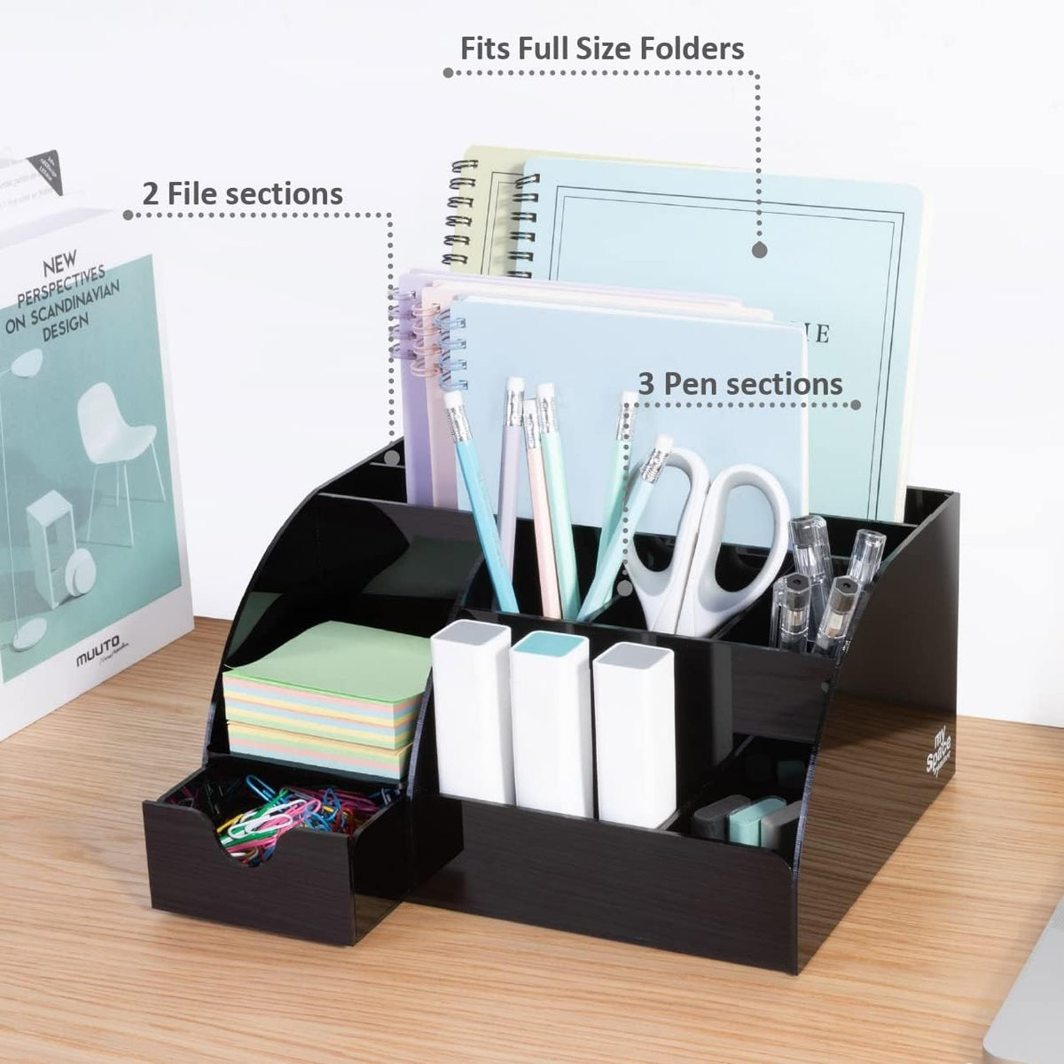 My Space Organizers Clear Acrylic Desk Oganizer, 9 Compartments, Office Supplies and Desk Accessories Organizer, Home Decor Desktop Organizer (Clear)