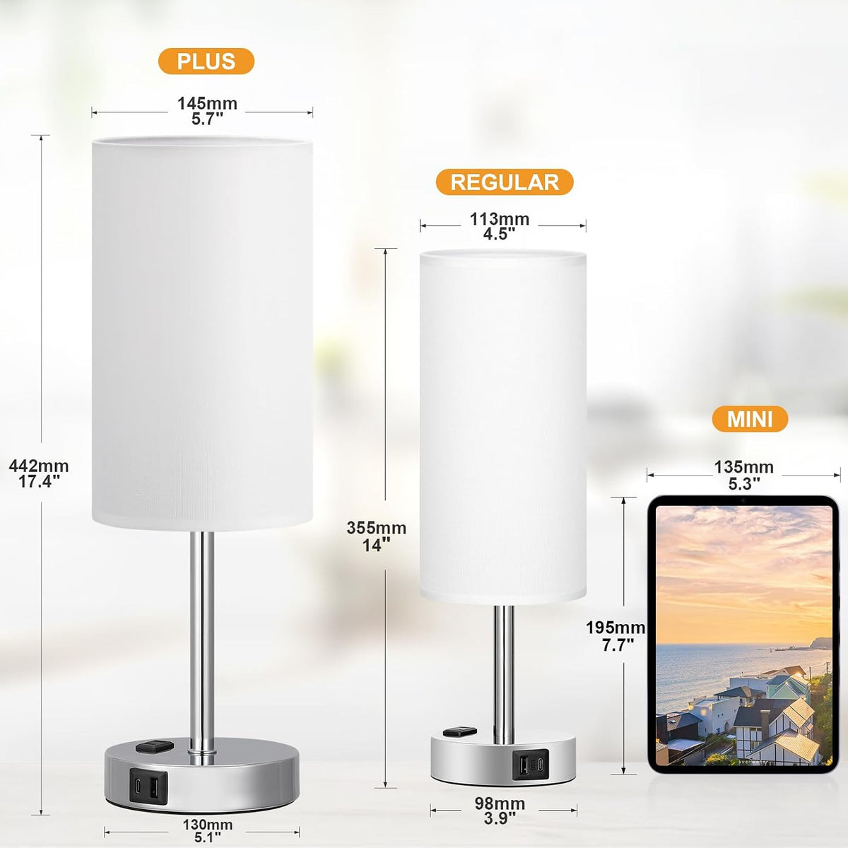 Fenmzee Bedside Table Lamp for Bedroom - Dimmable Touch, USB A+C, AC Outlet