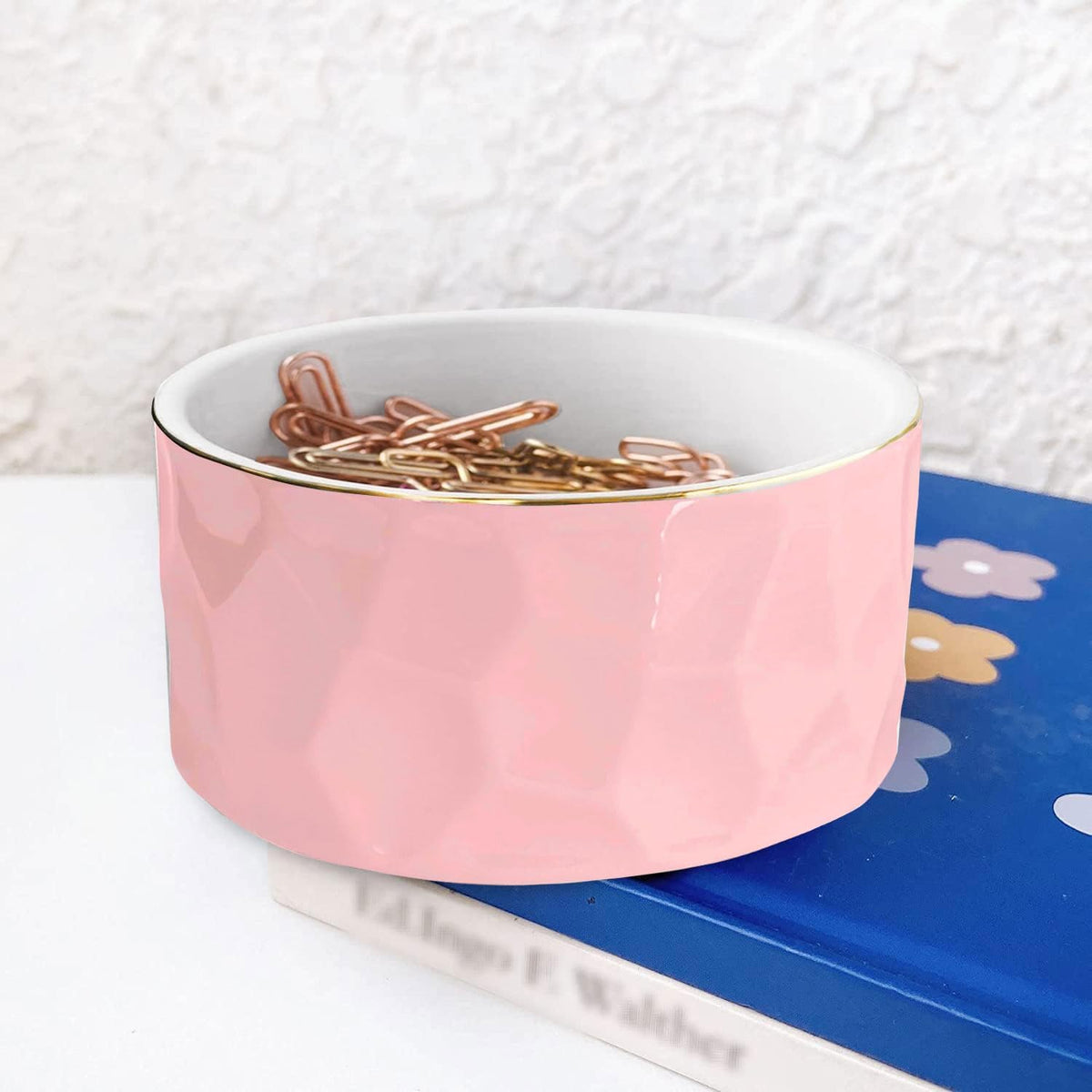 Paper Clip Holder Ceramic Paper Clip Holders Floral Paperclips Holder Dispenser Cute Gold Line Paper Clip Organizer for Desk Binder Clip Holder Bobby Pin Hair Clip Holder Gift for Office Pink Flowers