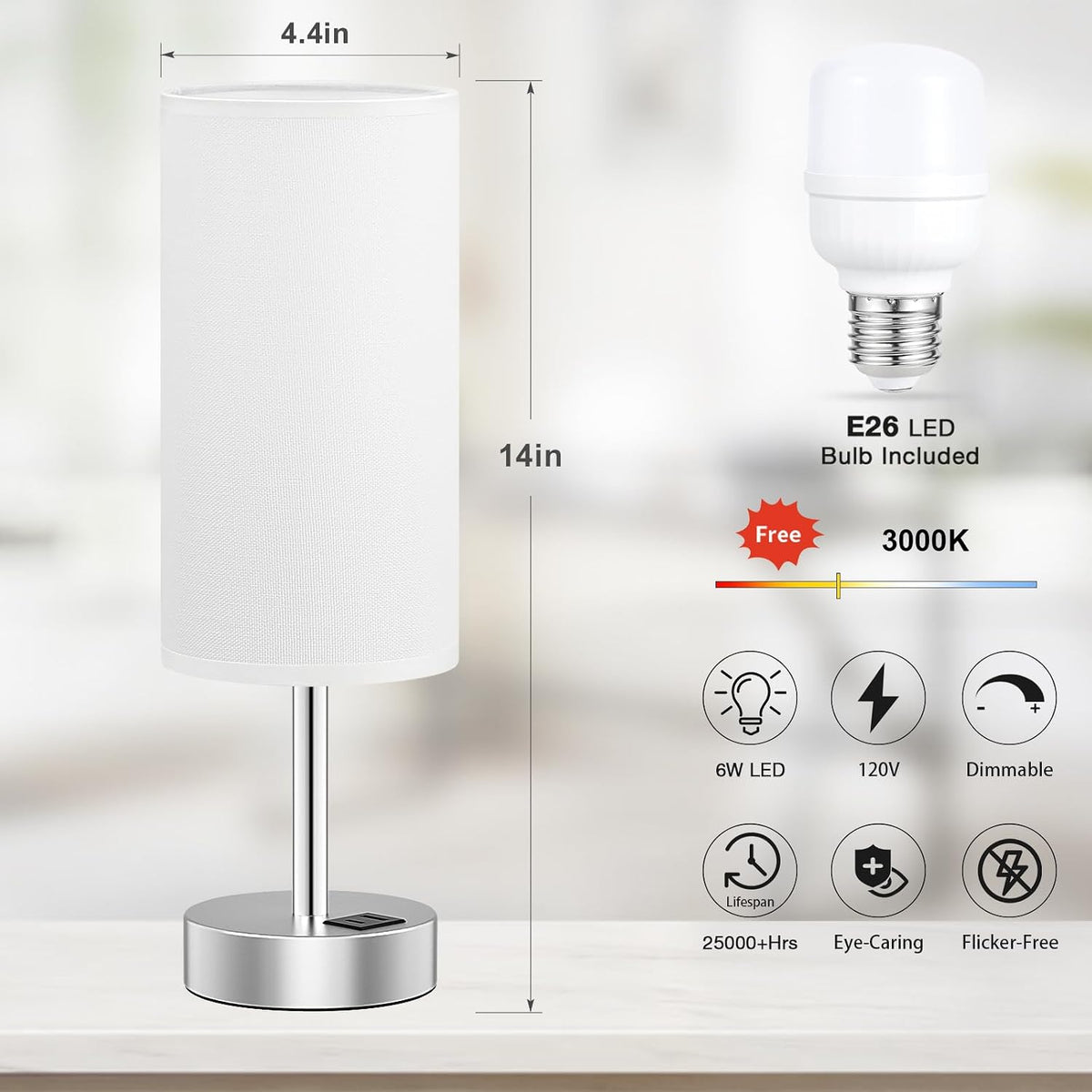Dicoool Bedside Table Lamp for Bedroom - 3-Way Dimmable Touch Lamp, USB A+C