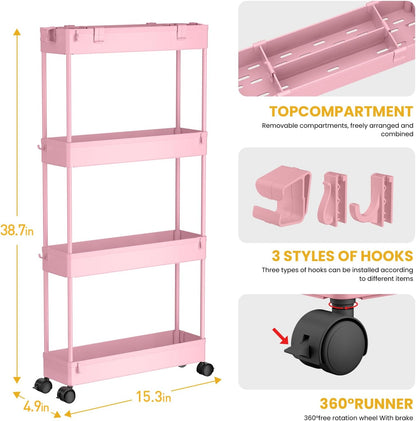 SPACELEAD Slim Storage Cart 4 Tier,Bathroom Organizer Rolling Utility, Mobile Shelving Unit Slide Out for Office, Kitchen, Laundry Room & Narrow Places,White