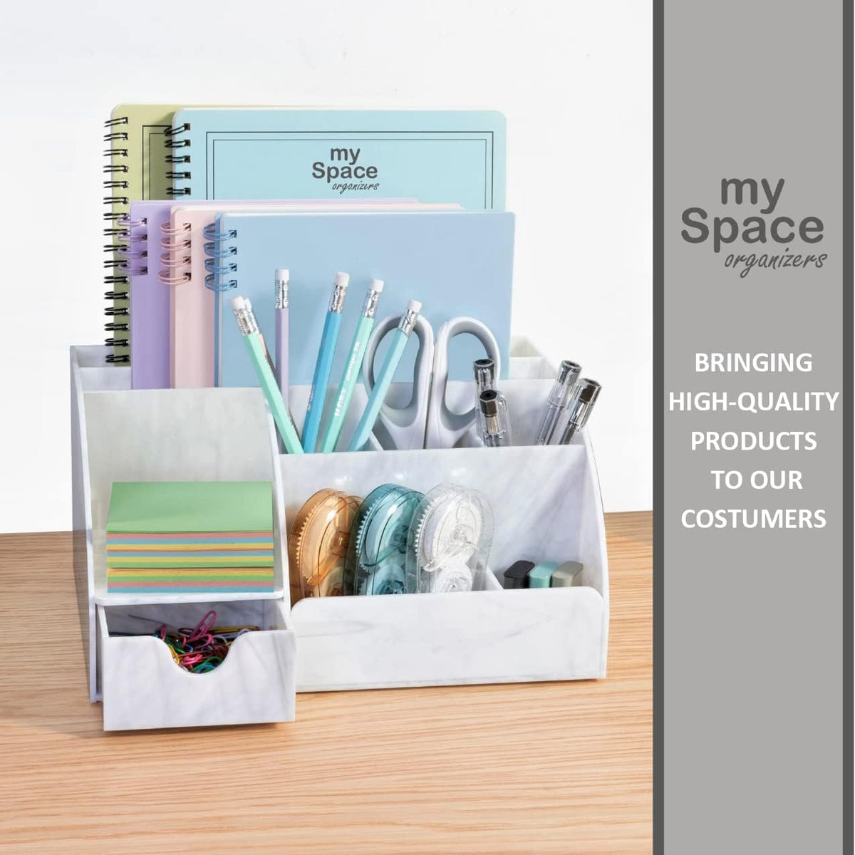 My Space Organizers Clear Acrylic Desk Oganizer, 9 Compartments, Office Supplies and Desk Accessories Organizer, Home Decor Desktop Organizer (Clear)