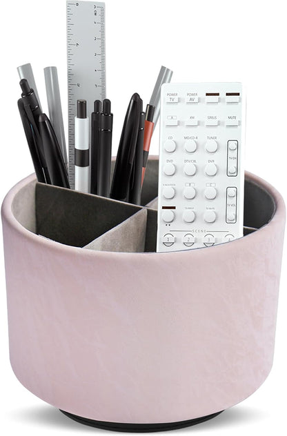 Round Leather Art Supply Organizer,Remote Control Holder,360 Degree Rotating,Multi-Functional Pencil Holder,4 Compartments Desktop Stationary Organizer(1-Blue Bird) - Colors A