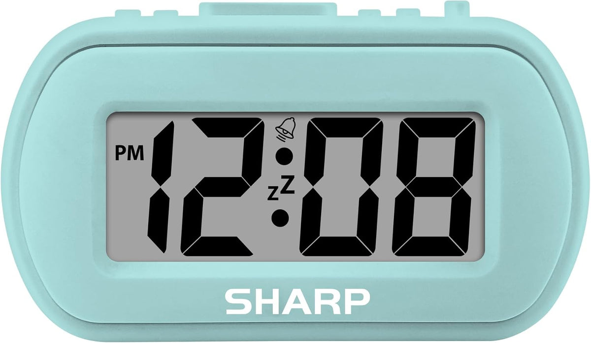 Sharp Digital Alarm Clock – Tactile Plastic Case with Soft Rubberized Finish - Battery Operated – Blue Backlight on Demand – Ascending Alarm – Easy to Use – Charcoal Black