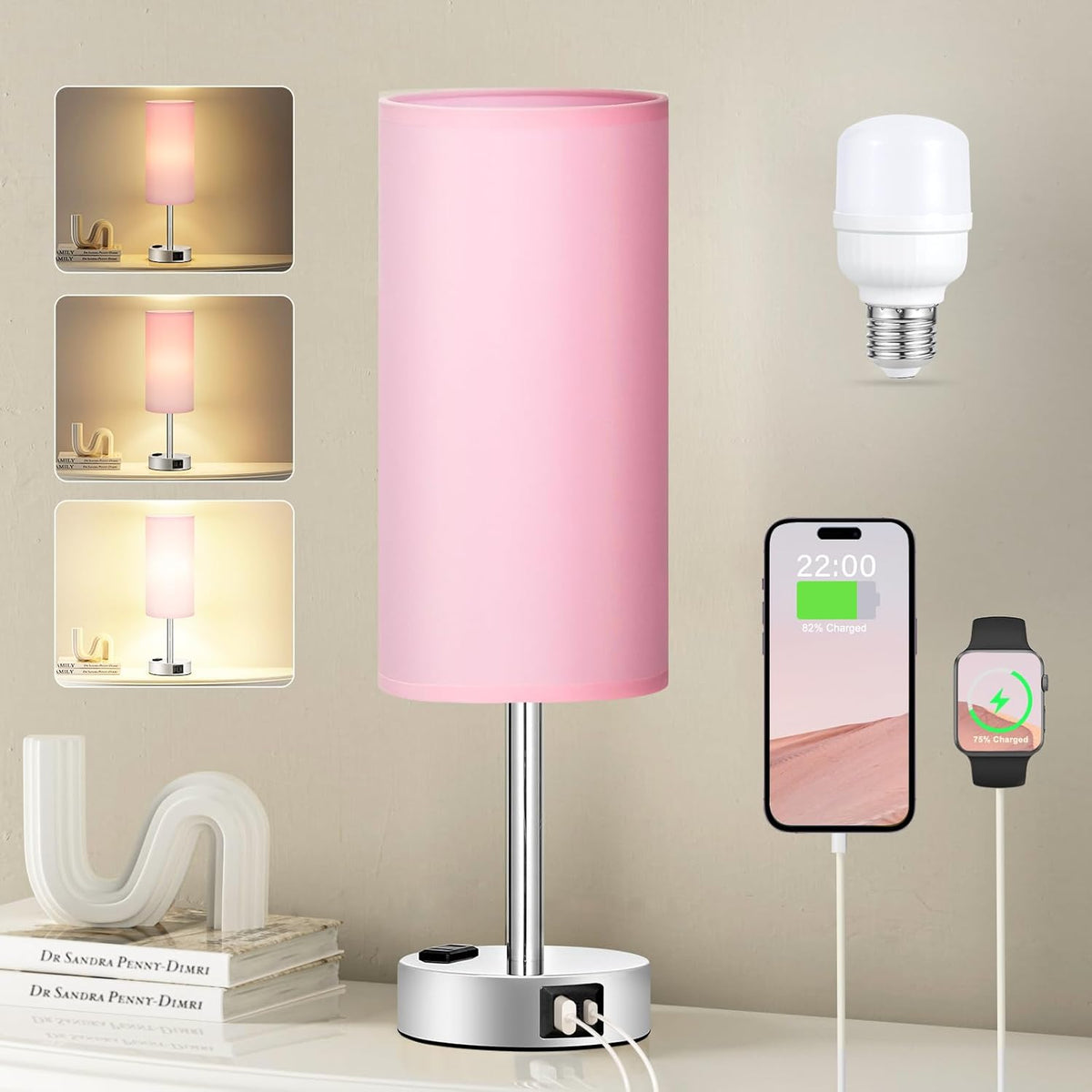 Fenmzee Bedside Table Lamp for Bedroom - Dimmable Touch, USB A+C, AC Outlet