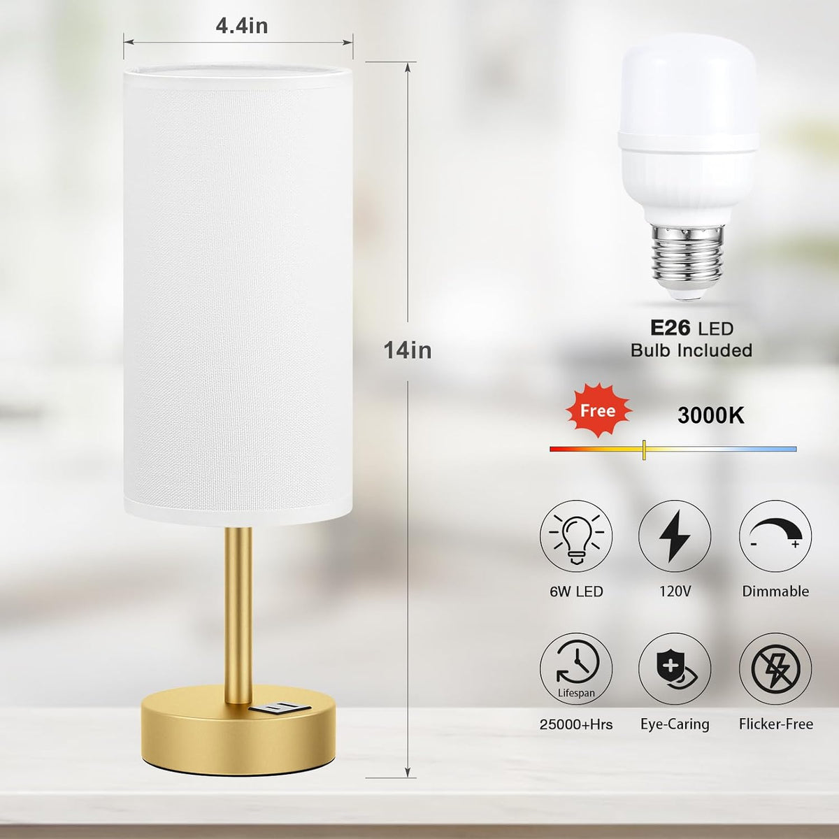 Dicoool Bedside Table Lamp for Bedroom - 3-Way Dimmable Touch Lamp, USB A+C