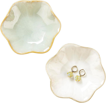 Ring Dish, Kiln Glaze Jewelry Trinket Tray, Gifts for Women I Lotus Leaf Necklace Earrings Holder on Nightstand Bathroom, Ceramic Cute Key Bowl, White. All Jewelries Are NOT Included.
