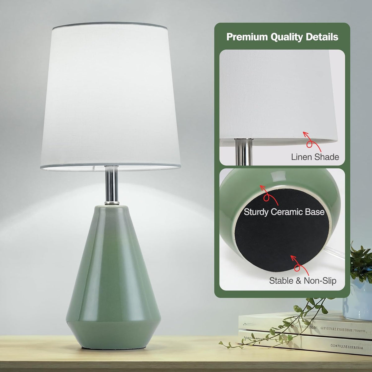Small Bedside Table Lamp for Bedroom - Reading Desk Lamp with 3 Color Temperatures，15.5" Nightstand Ceramic Lamp with Fabric Shade for Kids Room,Living Room,Dorm,Home Office (Green)