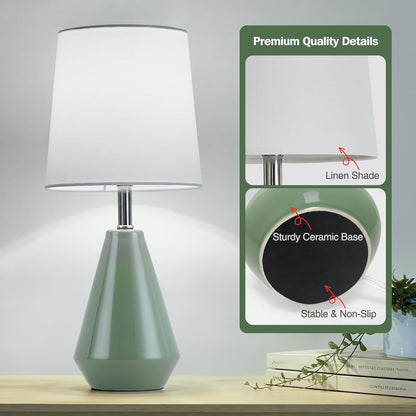Small Bedside Table Lamp for Bedroom - Reading Desk Lamp with 3 Color Temperatures，15.5" Nightstand Ceramic Lamp with Fabric Shade for Kids Room,Living Room,Dorm,Home Office (Green)