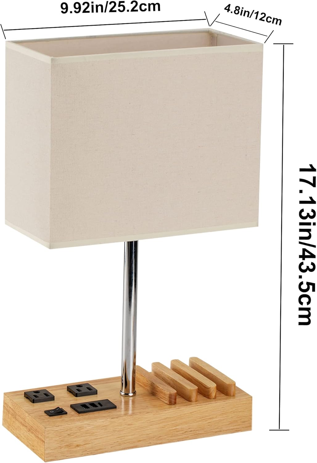 Dreamholder Desk Lamp with 3 USB Charging Ports, Table Lamp with 2AC Outlets and 3 Phone Stands, Nightstand Bedside Lamp with Natural Wooden Base and Cream Linen Shade