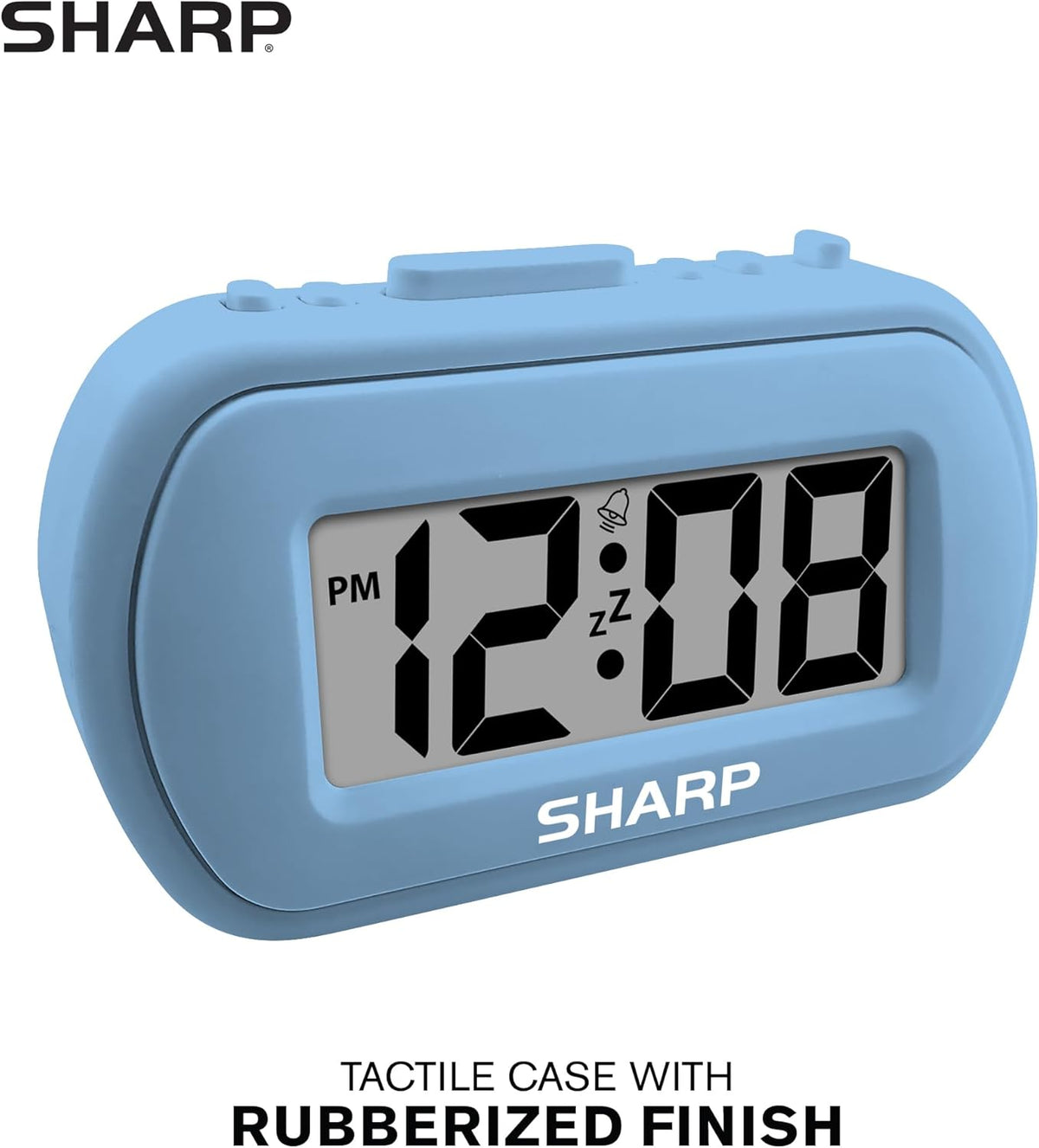 Sharp Digital Alarm Clock – Tactile Plastic Case with Soft Rubberized Finish - Battery Operated – Blue Backlight on Demand – Ascending Alarm – Easy to Use – Charcoal Black