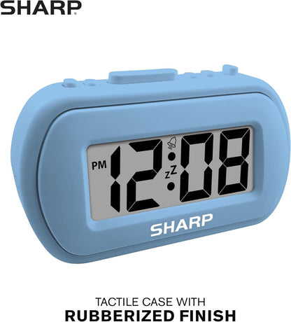Sharp Digital Alarm Clock – Tactile Plastic Case with Soft Rubberized Finish - Battery Operated – Blue Backlight on Demand – Ascending Alarm – Easy to Use – Charcoal Black