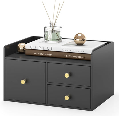 Bamboo Desk Organizer with Drawers Wooden Desktop Storage Drawers (1, Black 3 Drawer)