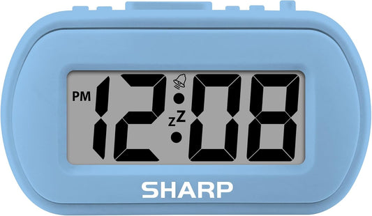 Sharp Digital Alarm Clock – Tactile Plastic Case with Soft Rubberized Finish - Battery Operated – Blue Backlight on Demand – Ascending Alarm – Easy to Use – Charcoal Black