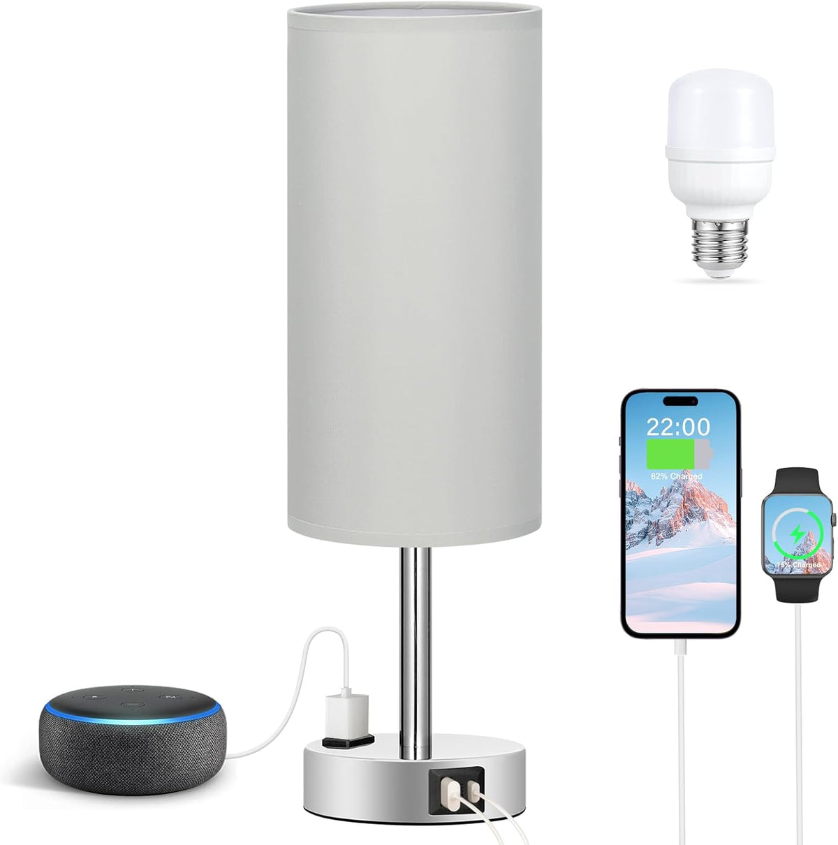 Fenmzee Bedside Table Lamp for Bedroom - Dimmable Touch, USB A+C, AC Outlet