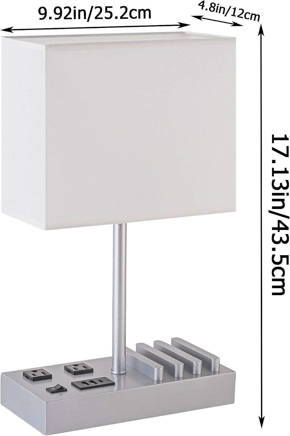 Dreamholder Desk Lamp with 3 USB Charging Ports, Table Lamp with 2AC Outlets and 3 Phone Stands, Nightstand Bedside Lamp with Natural Wooden Base and Cream Linen Shade